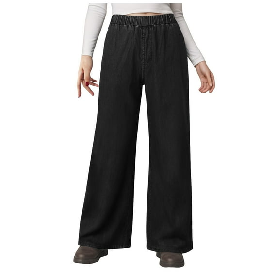YDFCWXW Women's Elastic Waist Jeans High Wasited Wide Leg Baggy Denim Pants Fall Outfits Fashion Clothes 2025 (Black, XL)