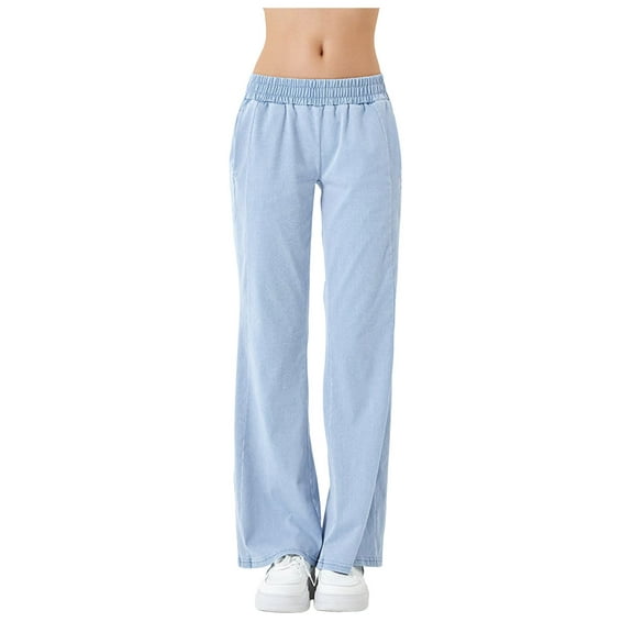 YDFCWXW Women's Elastic Waisted Jeans High Waisted Wide Leg with Pockets, Soft Breathable Cotton Blend Pants Light Blue, M