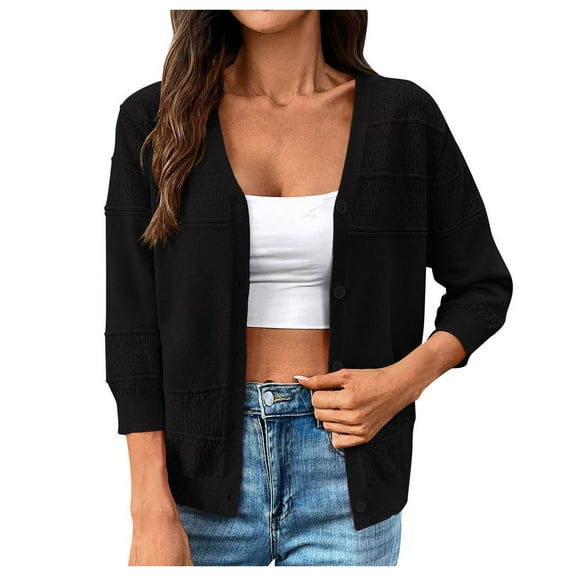 YDFCWXW Women's Fall Cropped Cardigan 3/4 Sleeve Lightweight Crochet Shrug Hollowed-Out Knit Sweater Tops for Women Black, S