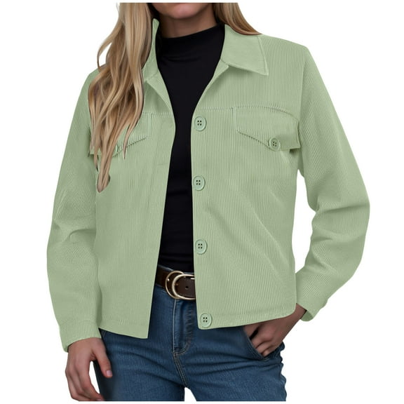 YDFCWXW Women's Fashion Cropped Button Down Corduroy Shacket Jackets Casual Long Sleeve Crop Jackets Tops (Light Green, S)
