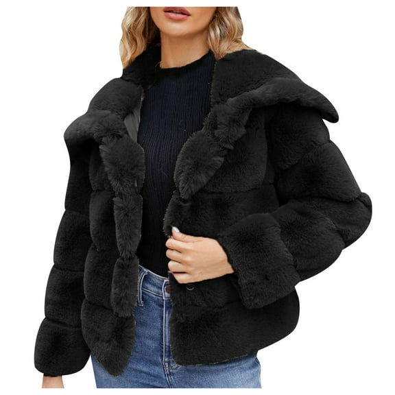 YDFCWXW Women's Fur Cropped Coat Long Sleeve Open Front Winter Jacket Plus Size Fluffy Puffer Overcoat Black, XL