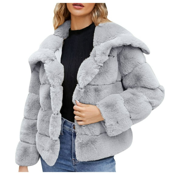 YDFCWXW Women's Fur Cropped Coat Long Sleeve Open Front Winter Jacket Plus Size Fluffy Puffer Overcoat Grey, L