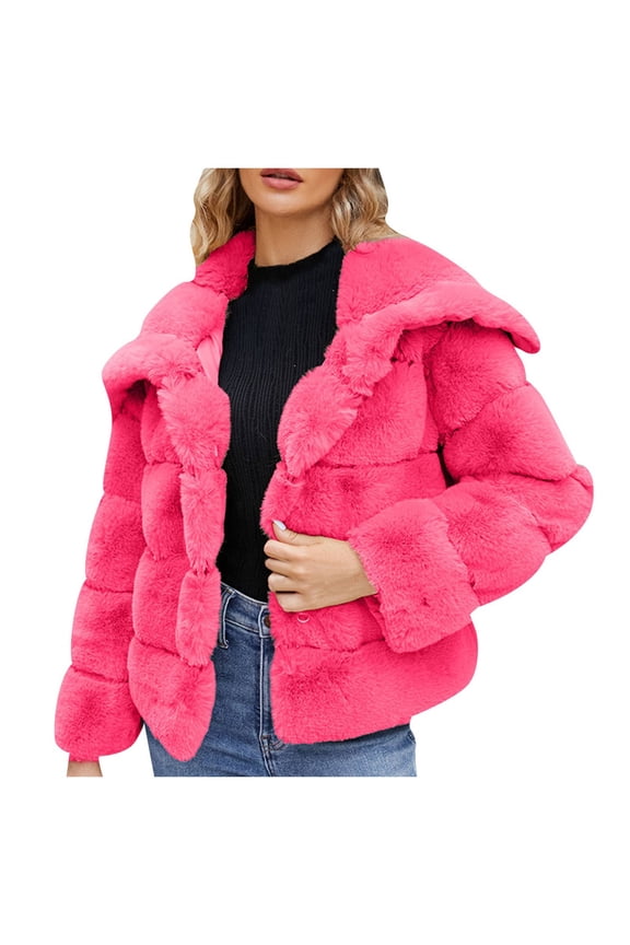 Women's Fur Cropped Coat Long Sleeve Open Front Winter Jacket Plus Size Fluffy Puffer Overcoat Hot Pink, 3XL