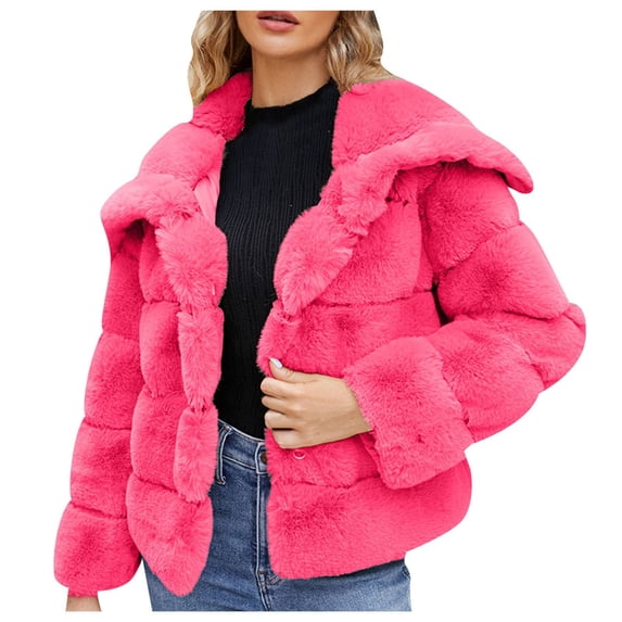 YDFCWXW Women's Faux Fur Cropped Coat Long Sleeve Open Front Winter Jacket Plus Size Fluffy Puffer Overcoat Hot Pink, XL