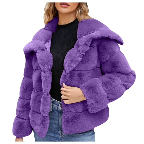 YDFCWXW Women's Fur Cropped Coat Long Sleeve Open Front Winter Jacket Plus Size Fluffy Puffer Overcoat Purple, L