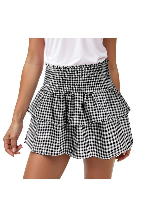Women's Gingham Mini Skirt High Waist Layered Ruffle A-Line Cake Smocked Skirts for Summer Black, M
