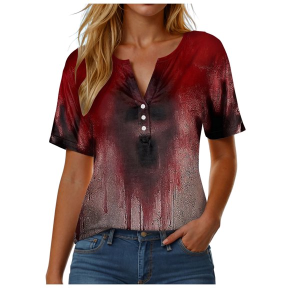 YDFCWXW Women's Halloween Print Short Sleeve T-Shirt - Stylish Round Neck & Button Detail Spooky Tee for Party Red, S