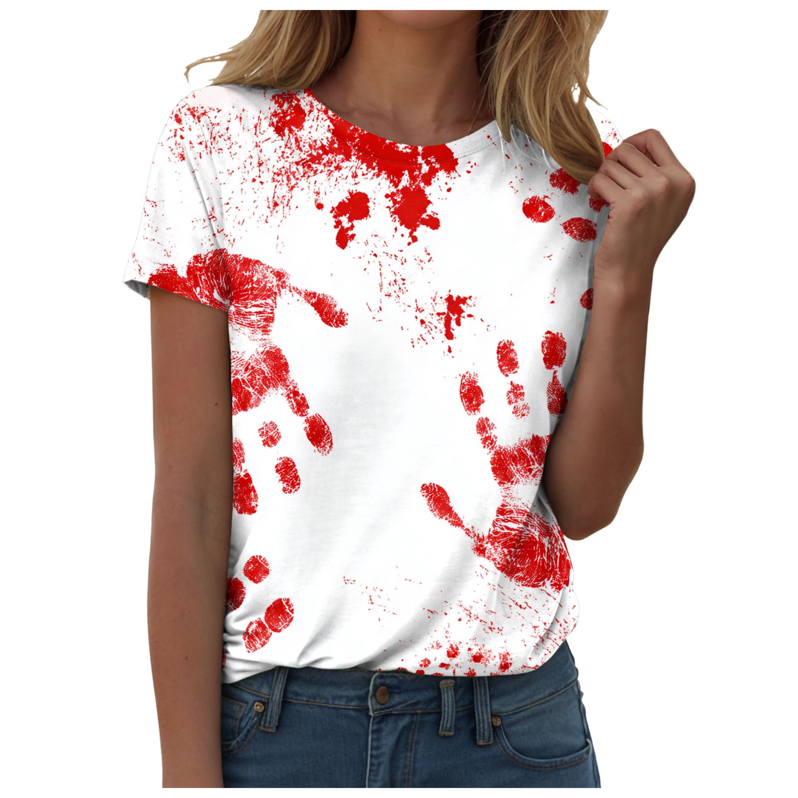 YDFCWXW Women's Halloween Bloodstain Print Crewneck T-Shirt - Gothic ...