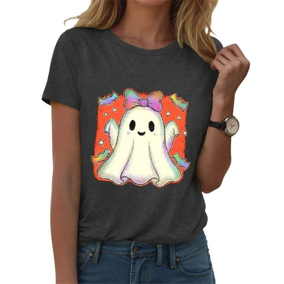 YDFCWXW Women's Halloween Cute Ghost Printed Short Sleeve T-Shirt - Funny Casual Round Neck Tee for Spooky Season Grey, XXL