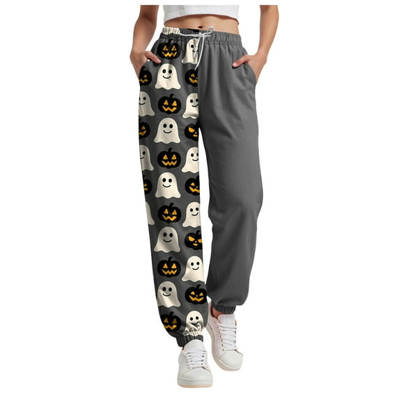 YDFCWXW Women's Halloween Print Pants - Elastic Waist Joggers, Casual Lounge Sweatpants with Drawstring Dark Gray, S