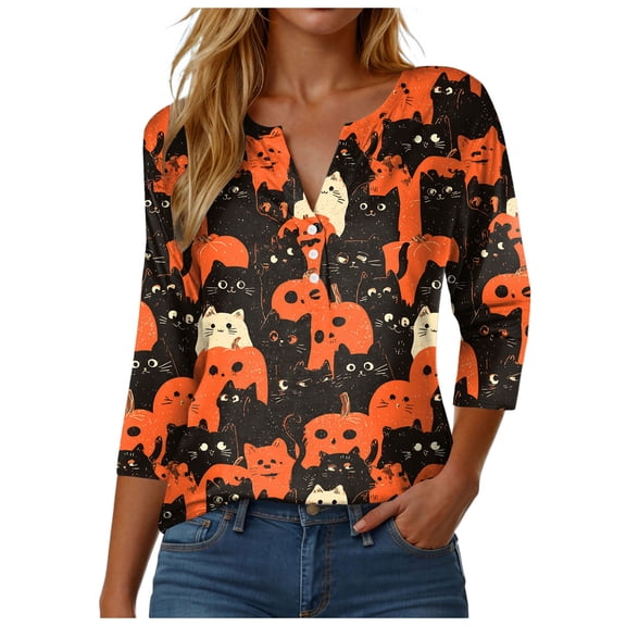 YDFCWXW Women's Halloween Print Shirt - 3/4 Sleeve V-Neck Button Down Blouse with Spooky Theme Orange, 3XL