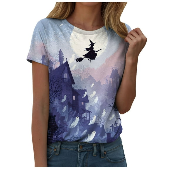 YDFCWXW Women's Halloween Printed Short Sleeve T-Shirt - Cute & Spooky Graphic Round Neck Tee for Party Season Navy, L