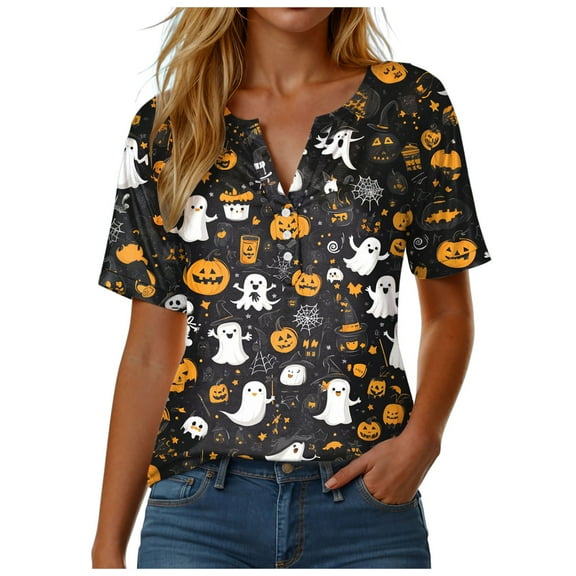 YDFCWXW Women's Halloween Short Sleeve V Neck Shirts Button Down Halloween Print Loose Fit Tops Black, M