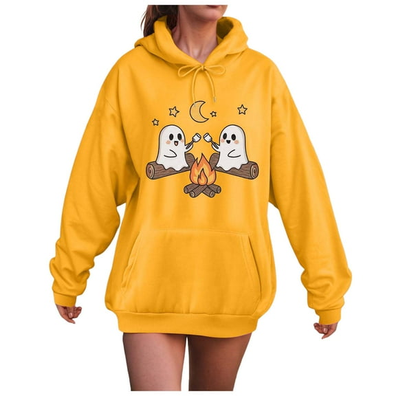 YDFCWXW Women's Halloween Spooky Season Hoodie,Cute Ghost Graphic Sweatshirts Funny Pumpkin Face Tops Long Sleeve Hoodie 2025 Yellow, S