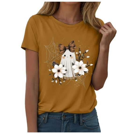 YDFCWXW Women's Halloween T Shirt Funny Print Women Short Sleeve Graphic Tees Tops (Yellow, M)