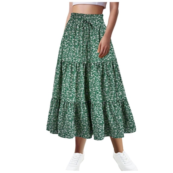 YDFCWXW Women's High Elastic Waist Midi Skirt Casual Trendy Flowy Ruffle Floral Print A line Skirts Green, M