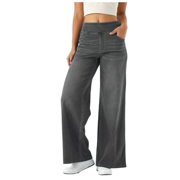 YDFCWXW Women's High Rise Wide Leg Jeggings - Stretch Pull On Pants, Soft Denim with Pockets Grey, L
