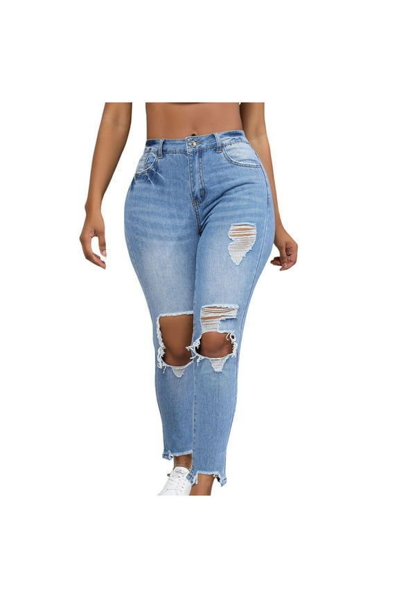 Women's High Waist Destroyed Ripped Jeans Knee Hole Tassel Hollow Out Raw Hem Skinny Denim Pants Blue, XL