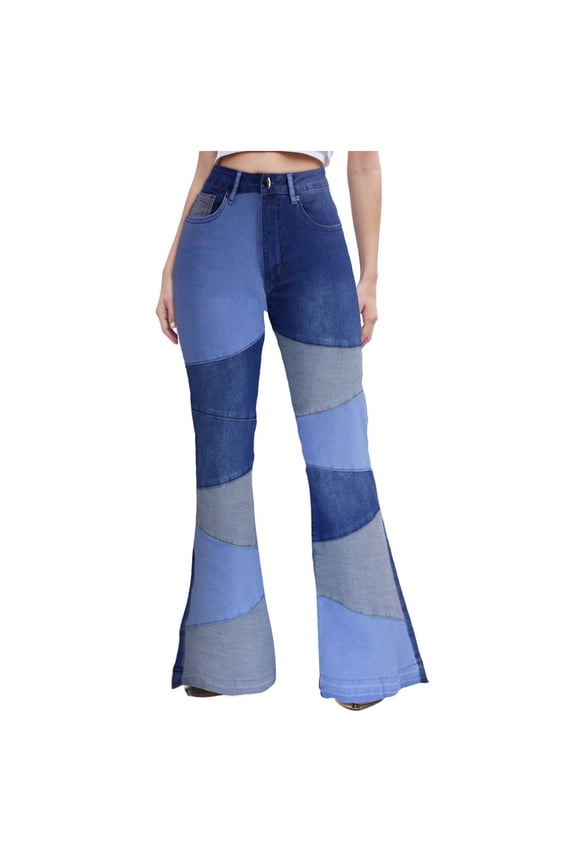 Women's High Waisted Bell Bottom Jeans Ripped Stretch Skinny Flare Jeans Distressed Bootcut Denim Pants Blue, L