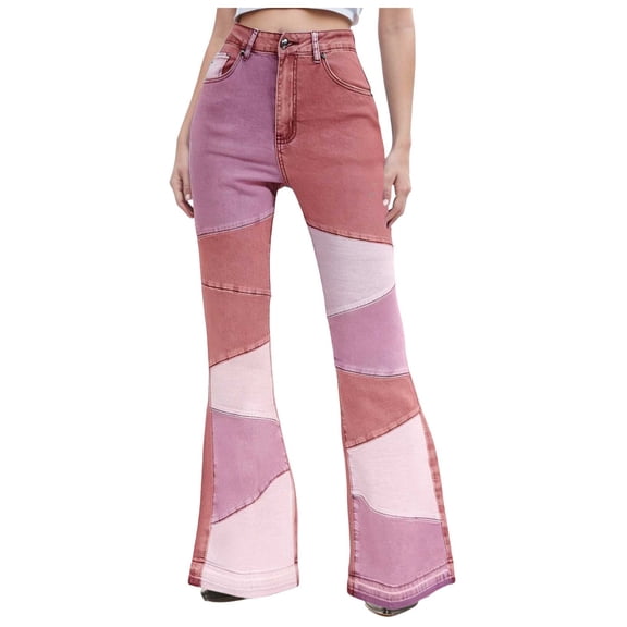 YDFCWXW Women's High Waisted Bell Bottom Jeans Ripped Stretch Skinny Flare Jeans Distressed Bootcut Denim Pants Pink, XXL
