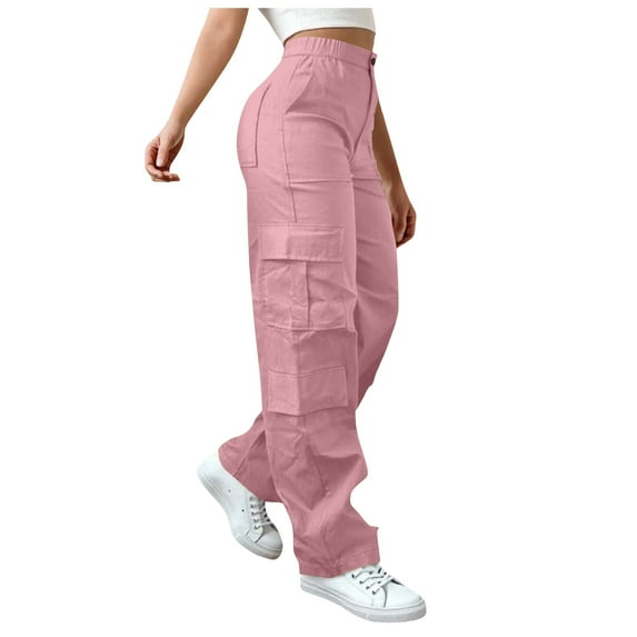 YDFCWXW Women's High Waisted Cargo Pants Travel Y2K Streetwear Baggy Stretchy Pants with Pockets Fall Outfits Fashion (Pink, XXL)