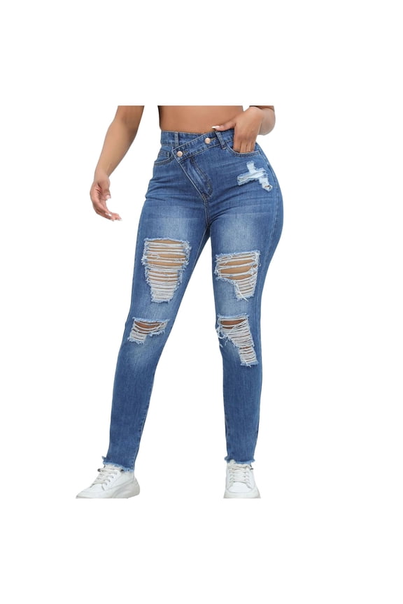 Women's High Waisted Jeans for Women Ripped Skinny Stretch Jeans Distressed Lifting Denim Pants Blue, S