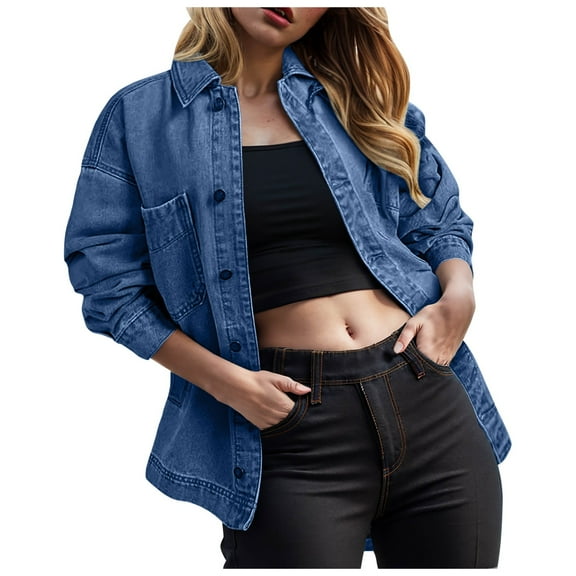YDFCWXW Women's Jean Jacket Distressed Denim Jacket Long Sleeve Button Down Jean Jacket For Women Blue, L