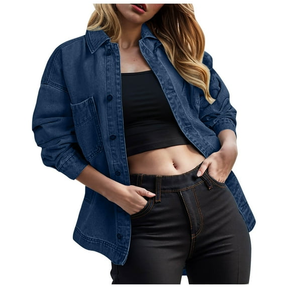 YDFCWXW Women's Jean Jacket Distressed Denim Jacket Long Sleeve Button Down Jean Jacket For Women Dark Blue, XXL