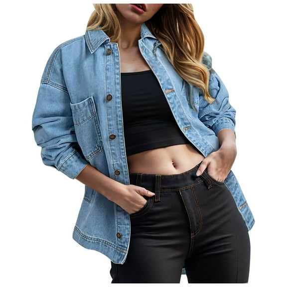 YDFCWXW Women's Jean Jacket Distressed Denim Jacket Long Sleeve Button Down Jean Jacket For Women Sky Blue, L