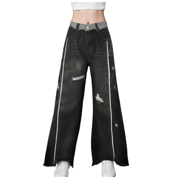YDFCWXW Women's Jeans Fashion Y2K Vintage Straight High Waist Baggy Wide Leg Ripped Streetwear Casual Denim Pants (Black, S)
