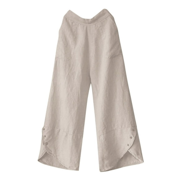 YDFCWXW Women's Linen High Waist Solid Color Wide Leg Pants Style Loose Size Elegant Straight Pants Beige, 4XL