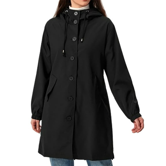YDFCWXW Women's Long Rain Jacket Waterproof Lightweight Hooded Raincoat Packable Knee Length Rain coat Black, M