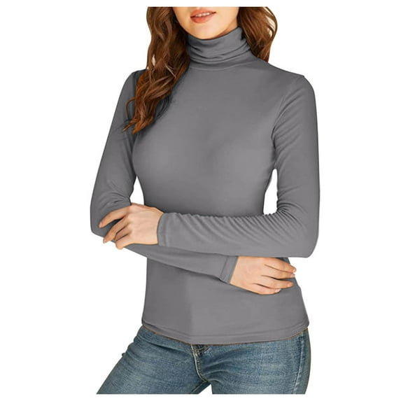 YDFCWXW Women's Long Sleeve Casual Lightweight Turtleneck Top Slim Fit Layer Shirts Grey, XXL