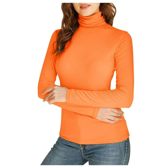 YDFCWXW Women's Long Sleeve Casual Lightweight Turtleneck Top Slim Fit Layer Shirts Orange, M