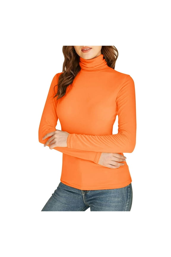 Women's Long Sleeve Casual Lightweight Turtleneck Top Slim Fit Layer Shirts Orange, XL