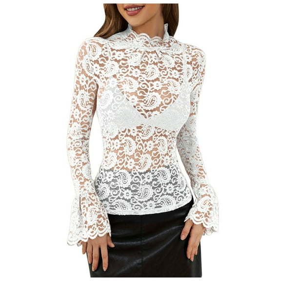 YDFCWXW Women's Long Sleeve Lace Mesh Tops High Neck Sheer Blouse Sexy Floral Going Out Top White, XL