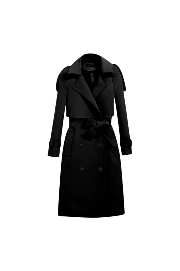 Women's Long Waterproof Trench Coat Double Classic Lapel Coat Belted with Pockets Black, XL