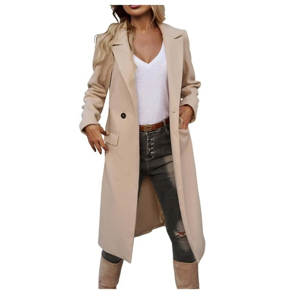 YDFCWXW Women's Notch Lapel Wool Blend Mid Long Pea Trench Coat Beige, M