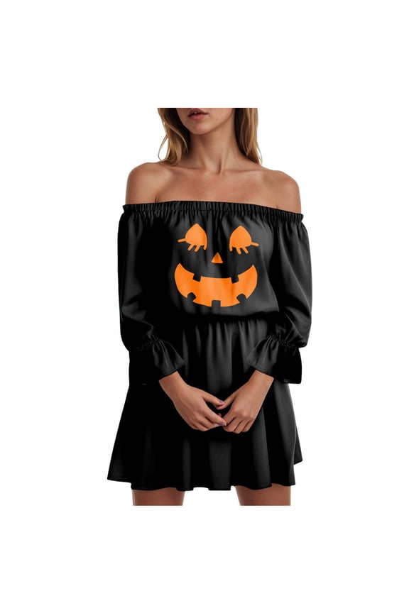 Women's Off-Shoulder Sexy Pumpkin Print Halloween Dress - Flirty 3/4 Sleeve Mini Dress with Waist-Cinching Fit Black, XL