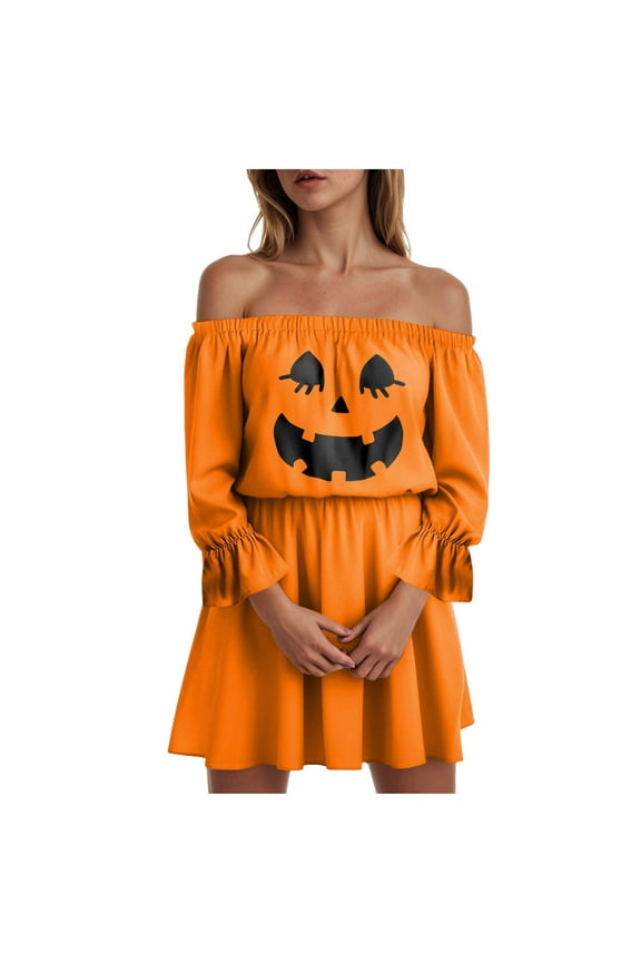 Women's Off-Shoulder Sexy Pumpkin Print Halloween Dress - Flirty 3/4 Sleeve Mini Dress with Waist-Cinching Fit Orange, L