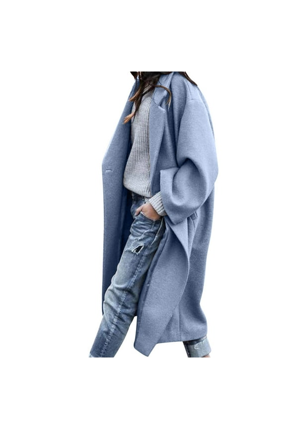 Women's Oversized Notched Collar Wool Blend Single Midi Long Trench Coat Blue, 3XL