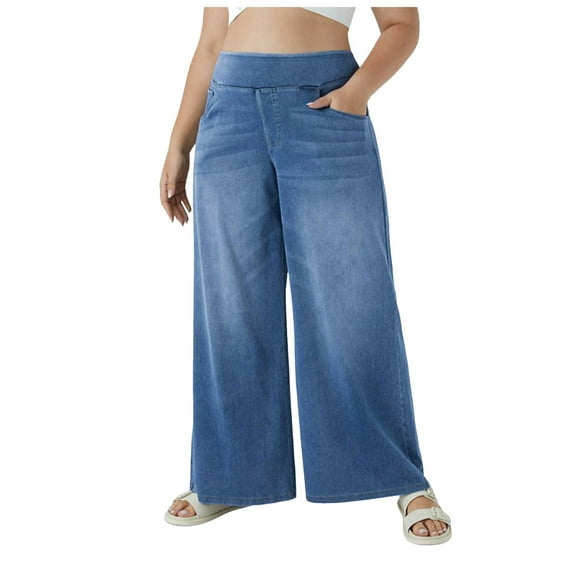 YDFCWXW Women's Plus Size Wide Leg Jeans Elastic High Waist Stretchy Denim Pants BU2, XL