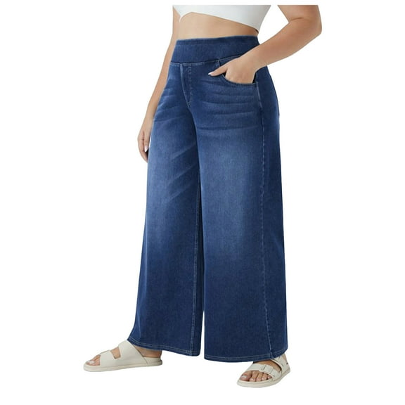 YDFCWXW Women's Plus Size Wide Leg Jeans Elastic High Waist Stretchy Denim Pants BU4, XXL