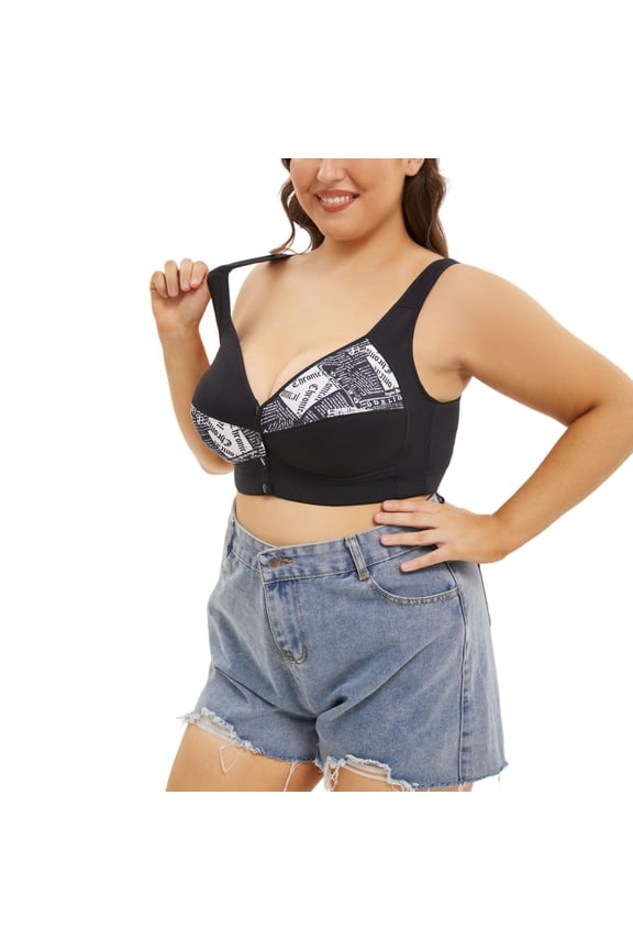 Women's Plus Size Wireless Bras - Front Hook Cotton Bralette, Wide Band Supportive Camisole Bra Black, 48F