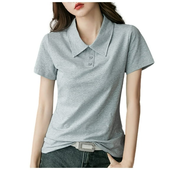 YDFCWXW Women's Polo Shirts Cotton Button Short Sleeve Collared Tops Summer Casual Shirts Grey, S