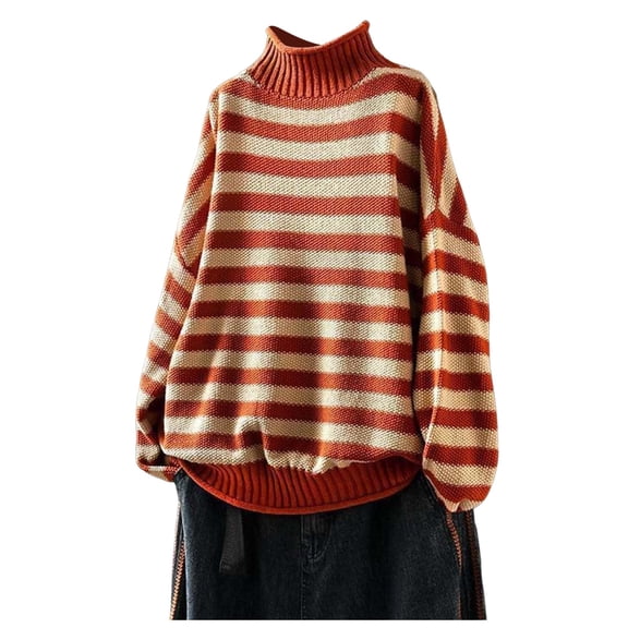 YDFCWXW Women's Retro Striped Contrast Half Turtleneck Sweater Knitted Pullover Loose Causal Sweaters Orange, One Size
