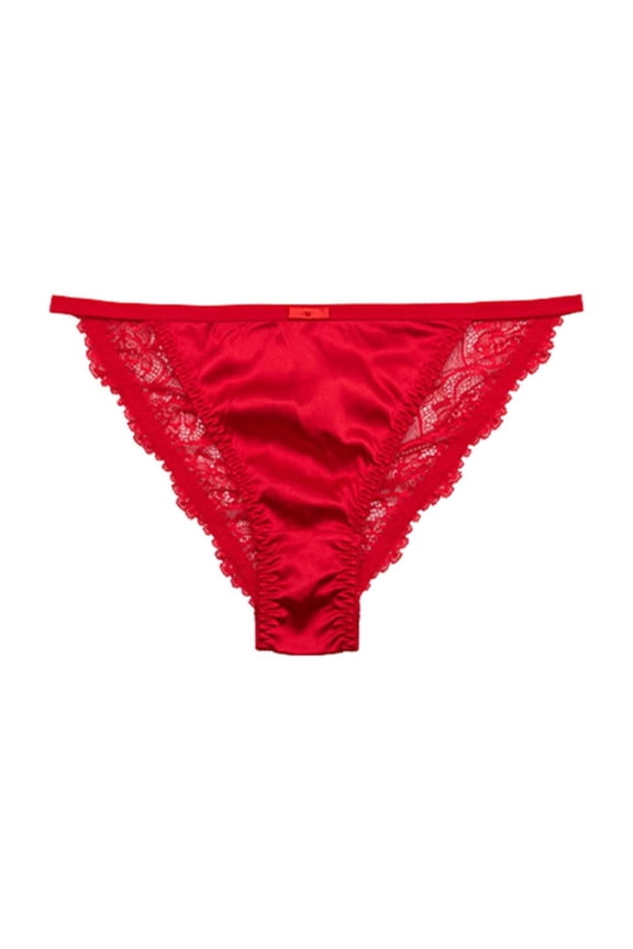 Women's Sexy Lace Satin Bikini Panties, Low Rise Hipster Cheeky Underwear Silky Lace Briefs Red, M