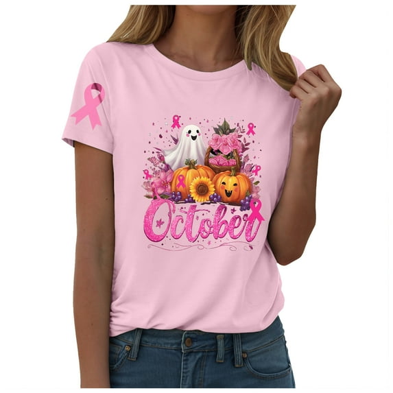 YDFCWXW Women's Shirts Pink Halloween Ghost T-Shirt Pink Ribbon Tee (Pink, M)