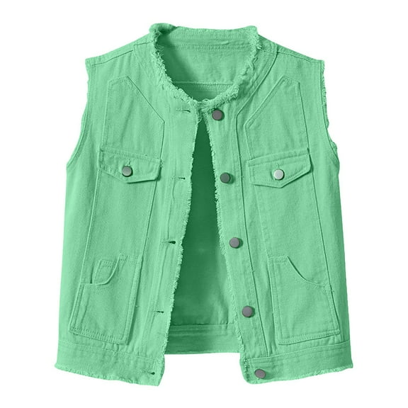 YDFCWXW Women's Solid Color Slim Fit Sleeveless Distressed Denim Jean Vest Jacket (Green, XXL)