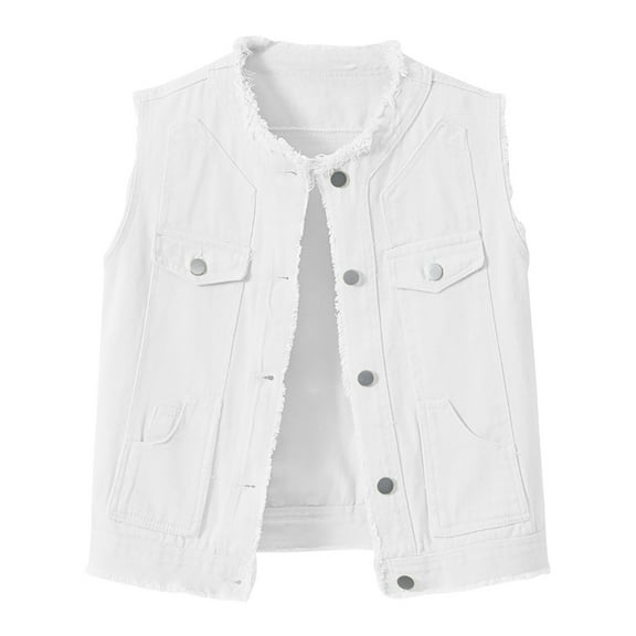 YDFCWXW Women's Solid Color Slim Fit Sleeveless Distressed Denim Jean Vest Jacket (White, S)